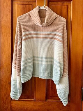 Takara Colorblock Cowl Neck Sweater in Beige, Cream & Light Blue Size XL